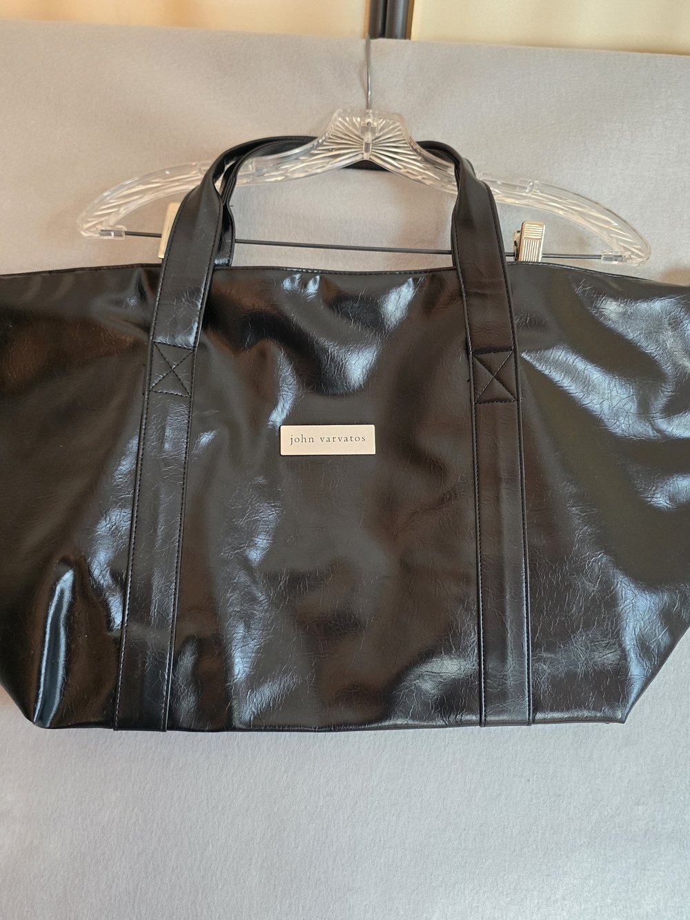 NWOT John Varvatos Black Patent Tote Travel Bag Carryon Work Bag Catch All Bag